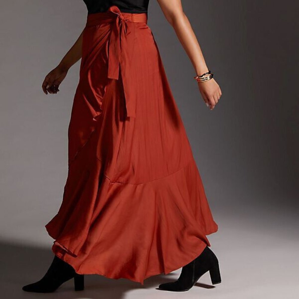 Anthropologie Maeve 2X NWT Ruffled Wrap Maxi Skirt Plus Dark Orange 120$ Plus - Picture 2 of 10